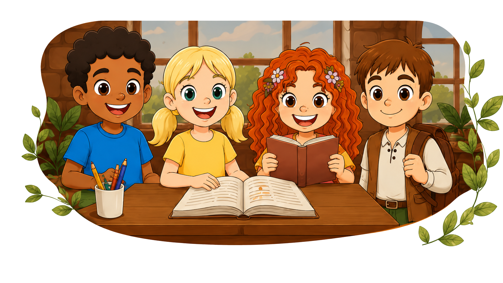 Crianças com apostilas